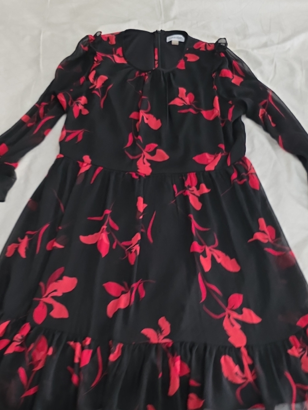 Calvin Klein Black Dress with Red Floral Print - Girls Long Sleeve Casual Dress